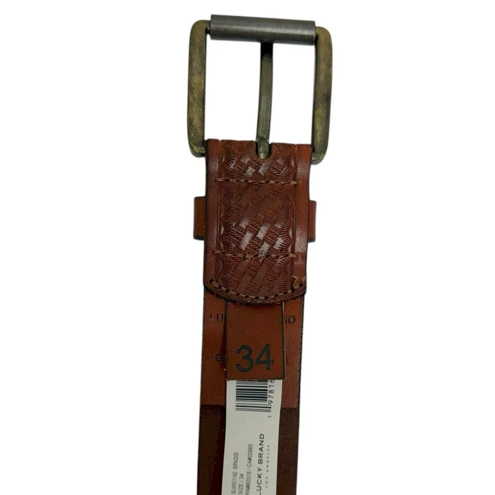 Lucky Brand Men's Size 34 Brown Genuine Leather Lacing Detail Laser Cut Belt NWT
